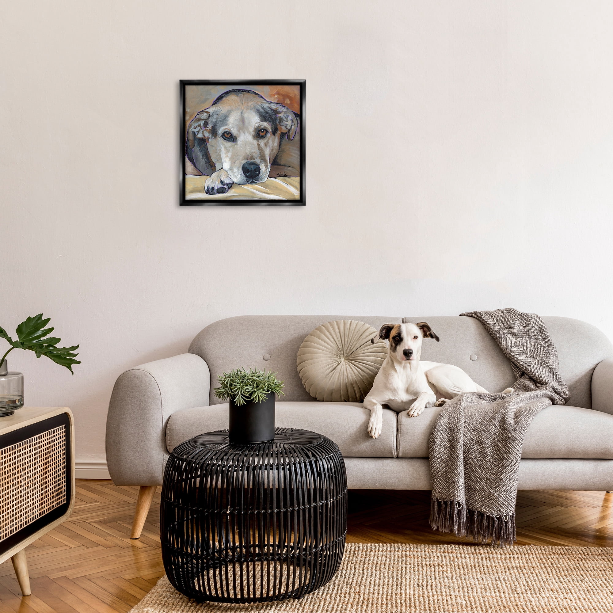 Stupell Industries Cozy Dog Portrait Animals & Insects Painting Black Floater Framed Canvas Art Print Wall Art, 25 x 25