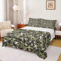 Homewish Retro Airplane Twin Sheet Sets,Vintage Aircraft Twin Fitted Sheet,Rustic Green Camouflage Flat Sheet For Boys Kids,Ultra Soft Home Decor,3-Piece