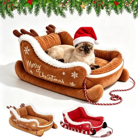 Christmas Dog Bed Sleigh, Santa Dog Sleigh Bed, Non Slip Base (Brown-S)