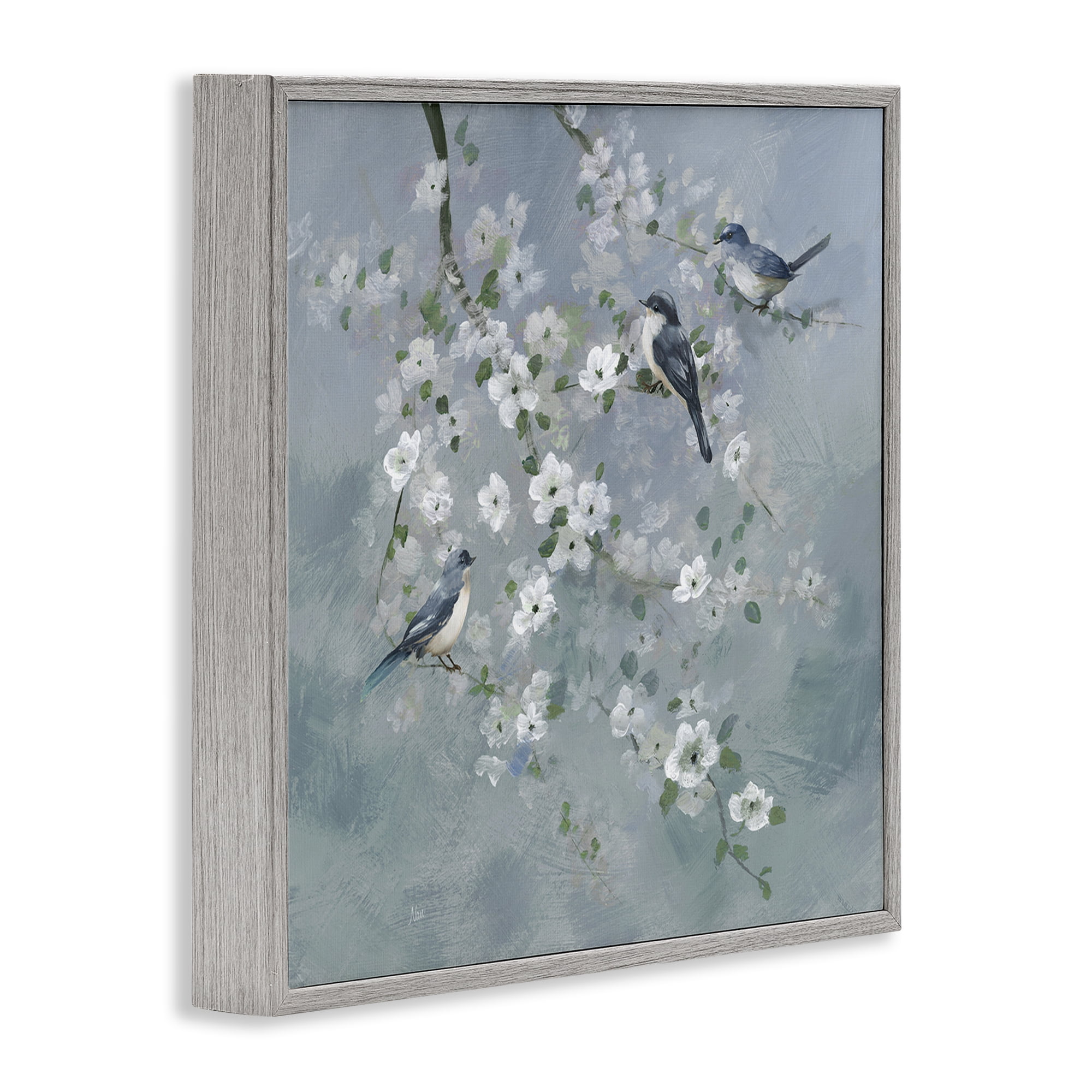 Stupell Industries Serene Birds on White Blooms Gray Framed Giclee Art, design by Nan