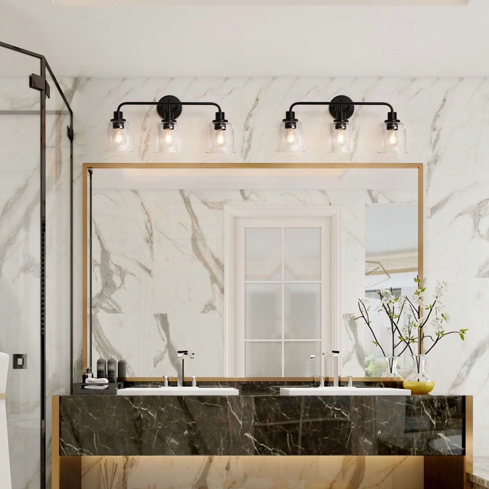 LNC 22.8-in 3-Light Matte Black and Clear Glass LED Modern Vanitt Light for Bathroom