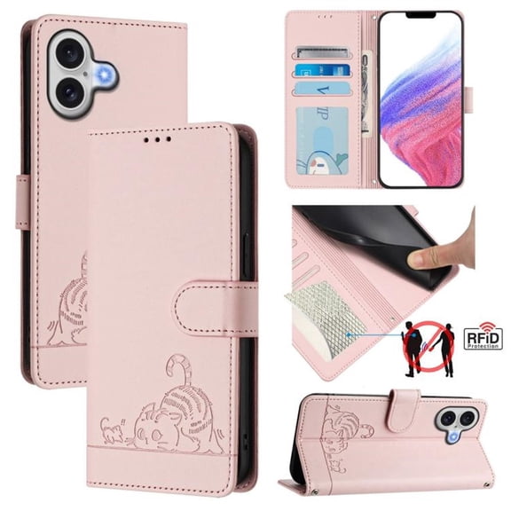 For IPhone 17 6.3" RFID Blocking Protective Purse Case Cat Embossed Strong Magnetic Attachment/Closure, Card Slots/Pocket, PU Leather Flip Wallet Case With Hanging Rope,Pink,For iPhone 17