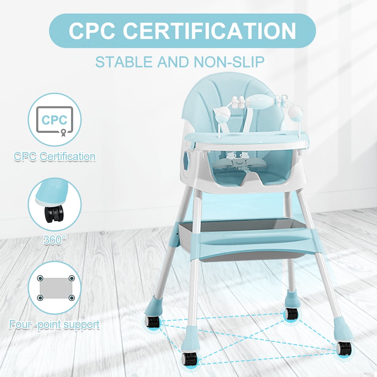 Liyufly 4-in-1 Baby Highchair Adjustable Kid Toddler Dining Chairs Eat & Grow Convertible Chair with 5-Point Harness, Dinner Plate, Light Blue