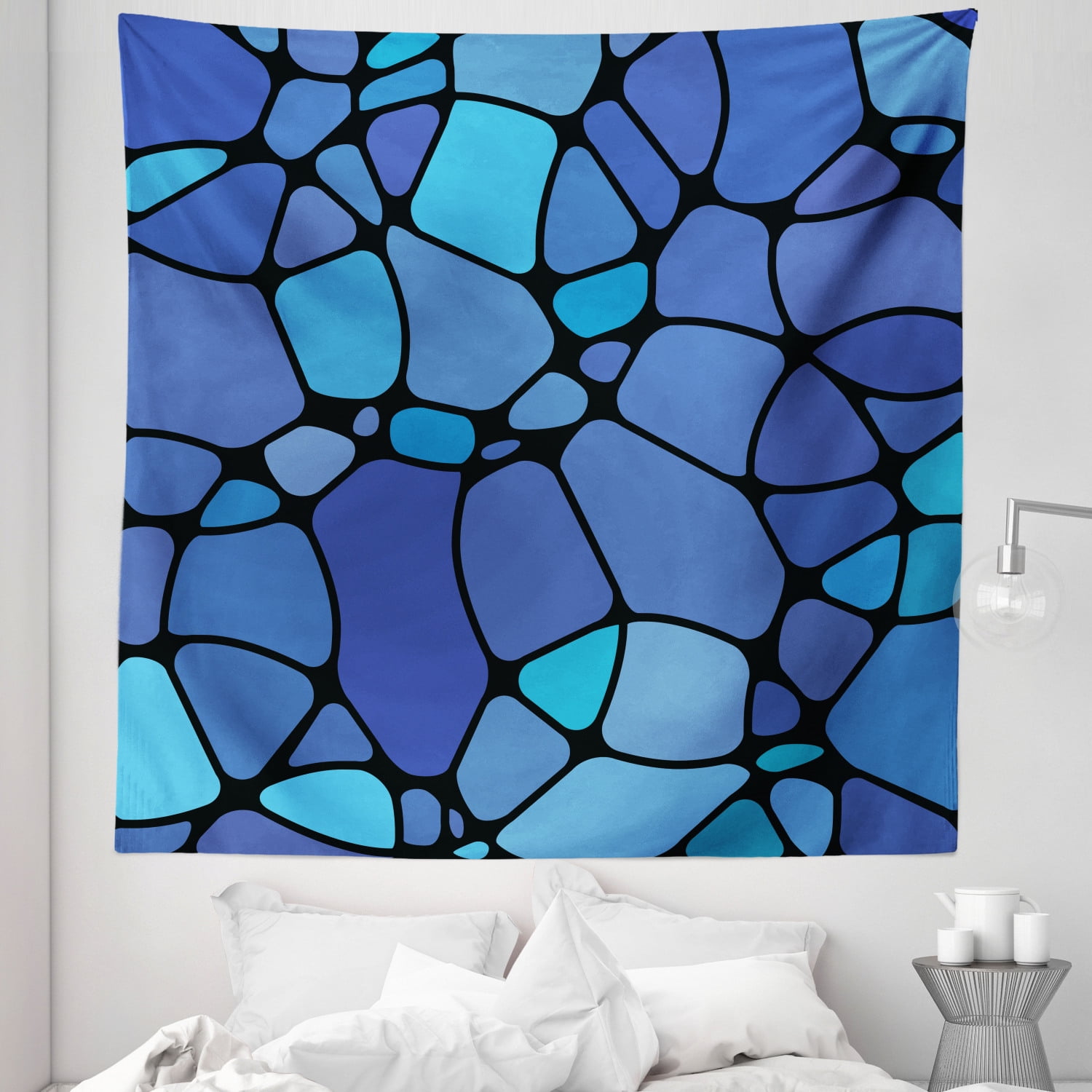 Blue and Black Tapestry, Blob Look Uneven Shapes Pattern Stained Glass