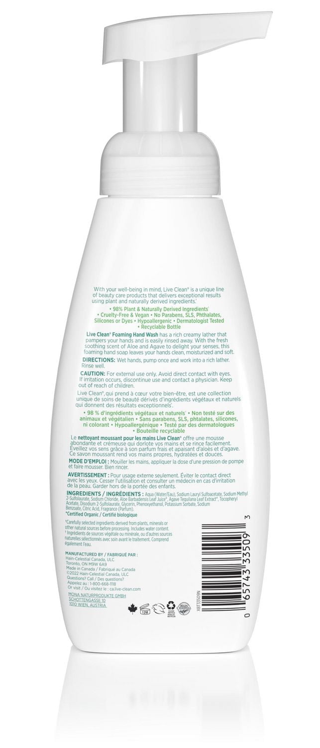 Live Clean Nettoyant Moussant Pour Les Mains Aloès et Agave