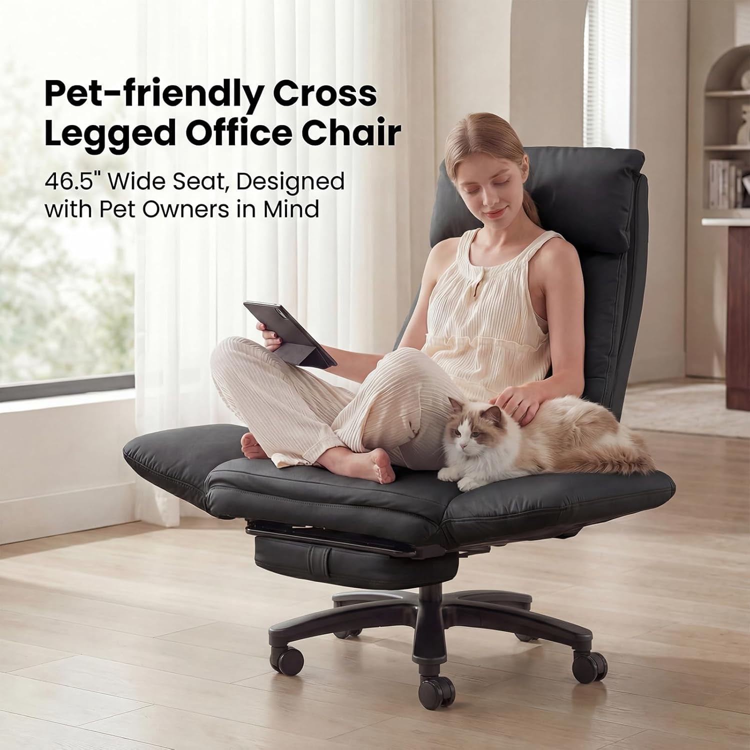 Genpo Criss Cross Desk Chair, Cross Legged Office Chair with Wheels, Black Leather Big and Tall Reclining Office Chair 500lbs with Foot Rest, Reversible Armrests & Wide Seat