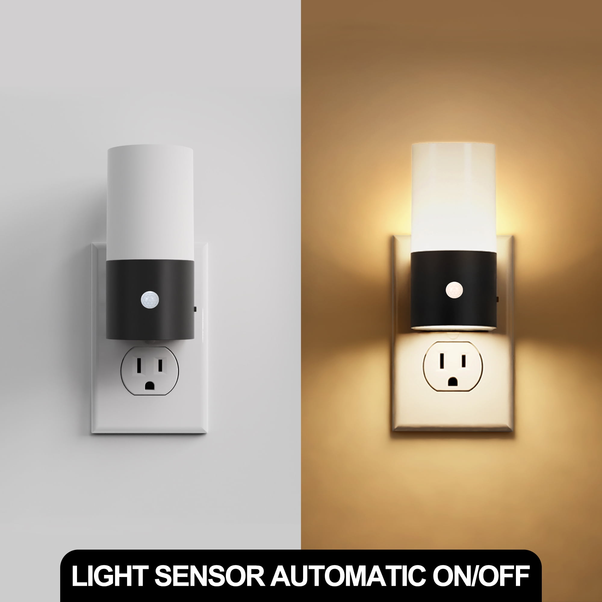 YANSUN 2 pack Black Warm White 3000K LED Motion Sensor Cylinder Light Plug in Night Light, 100LM Dimmable, Auto On/Off for Hallway, Bedroom