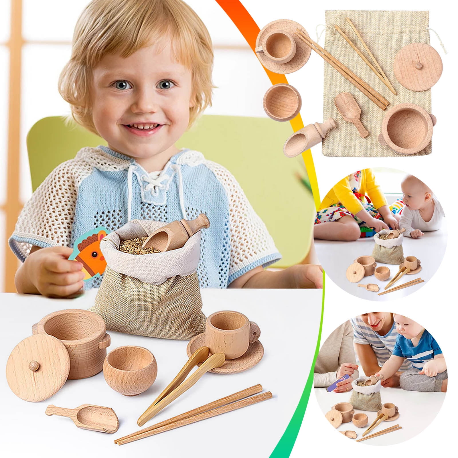 Wooden Spatulas Tongs Toy Set, 8-Piece Toddler Fine Motor Games