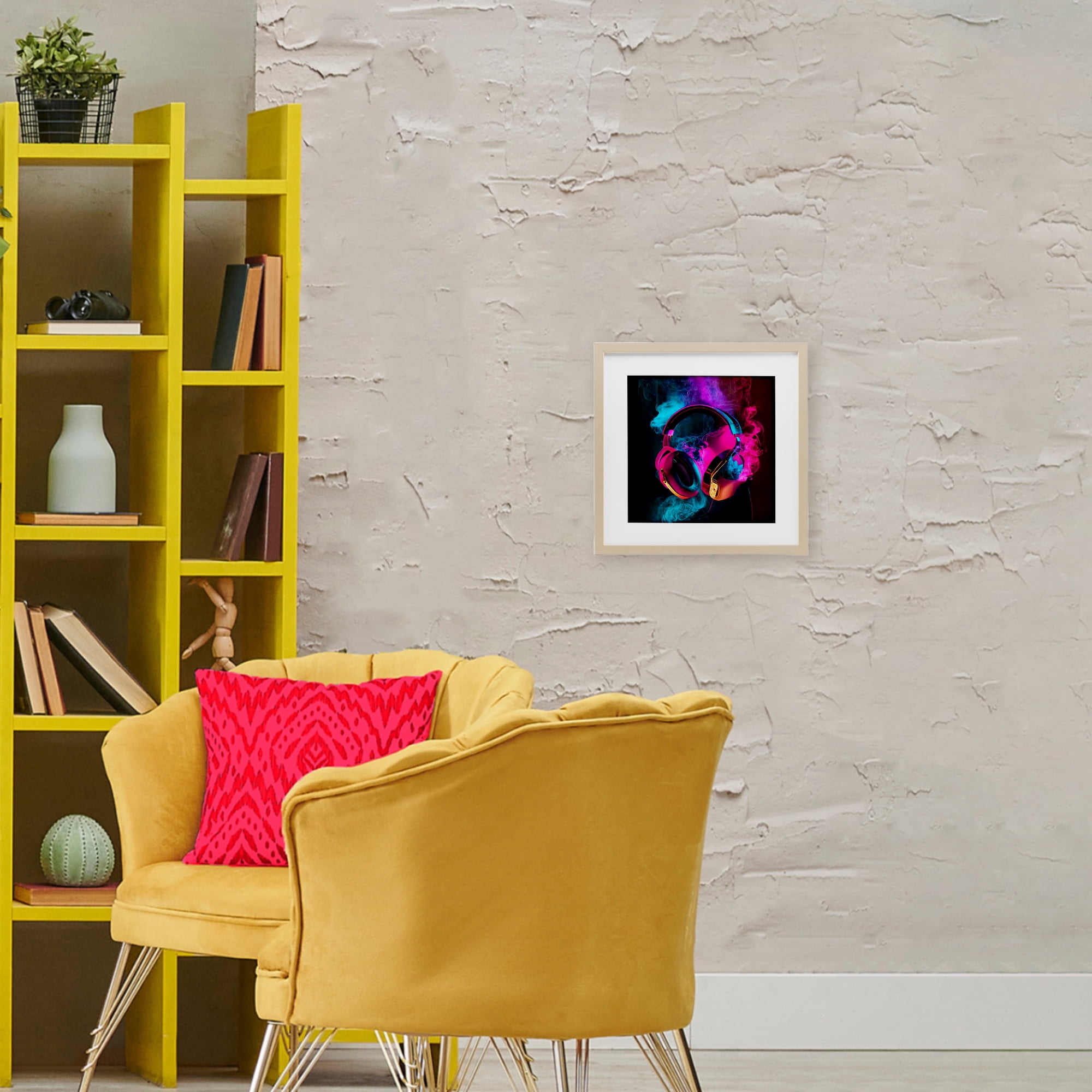 Power Play Pink & Blue Headphones Birch Framed Print Under Glass, design by Sasha