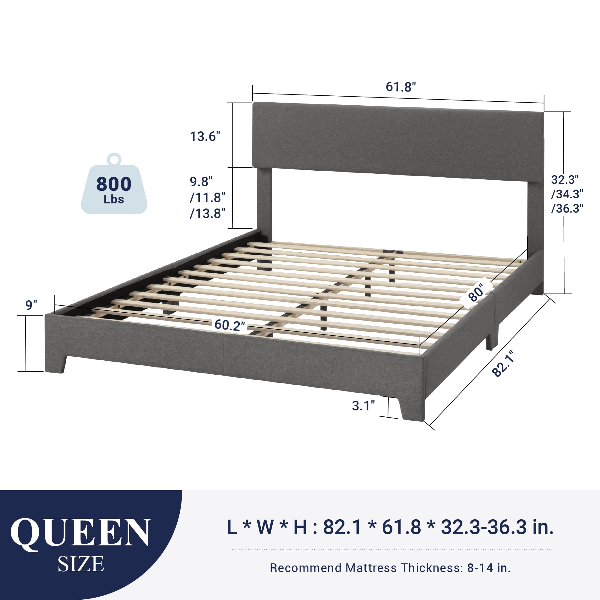 Allewie - Brandclub - Sifurni Queen Platform Bed Frame with Upholstered  Adjustable Fabric Headboard, Dark Grey, image size:2000x2000