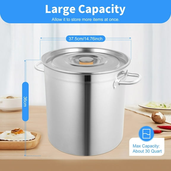 35L / 30Quart Cooking Pot, Cylinder, Multifunctional Stainless Steel Soup Container for Kitchen Restaurants