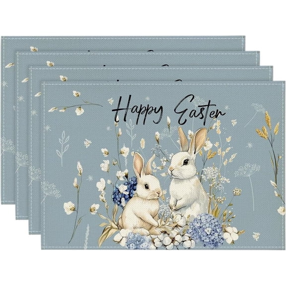 Pink Bunny Rabbits Hydrangea Easter Placemats Set of 4, 12x18 Inch Seasonal Spring Table Mats for Party Kitchen Dining Decoration