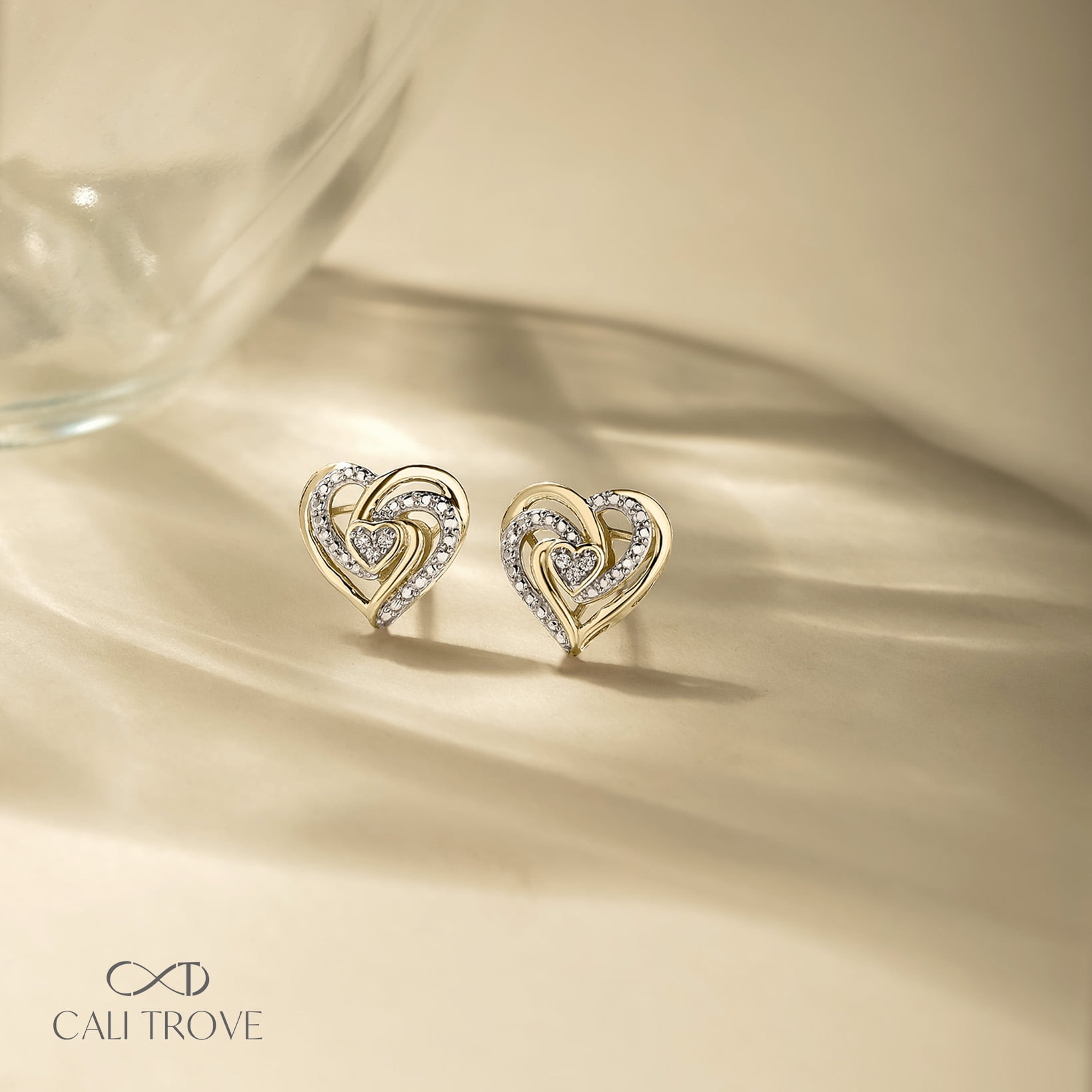 14KT Gold Vermeil on 925 Sterling Silver Diamond Twist Heart Stud Earrings for Women, 1/20 Ct