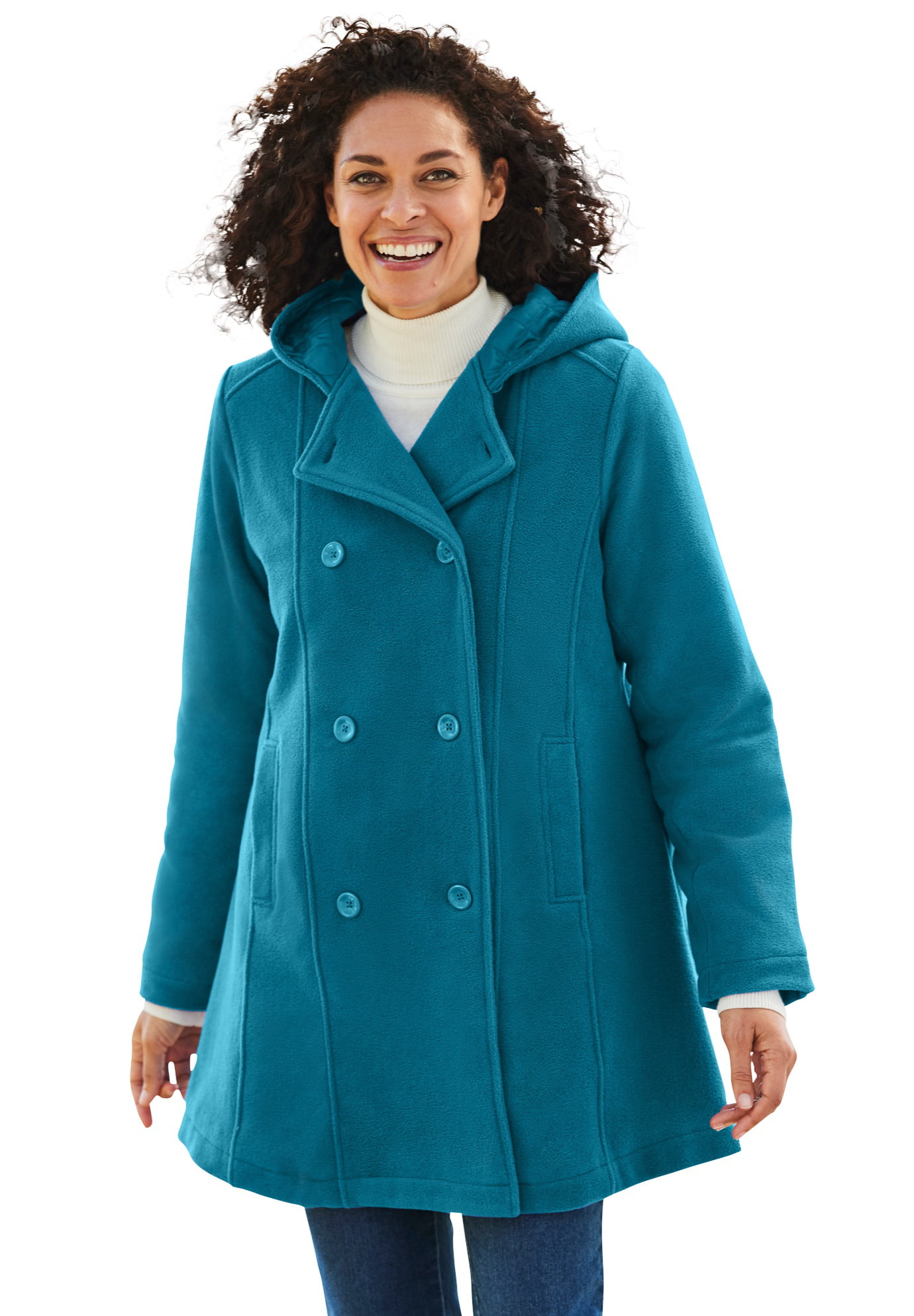 Woman Within Womens Plus Size Double-Breasted Hooded Fleece Peacoat