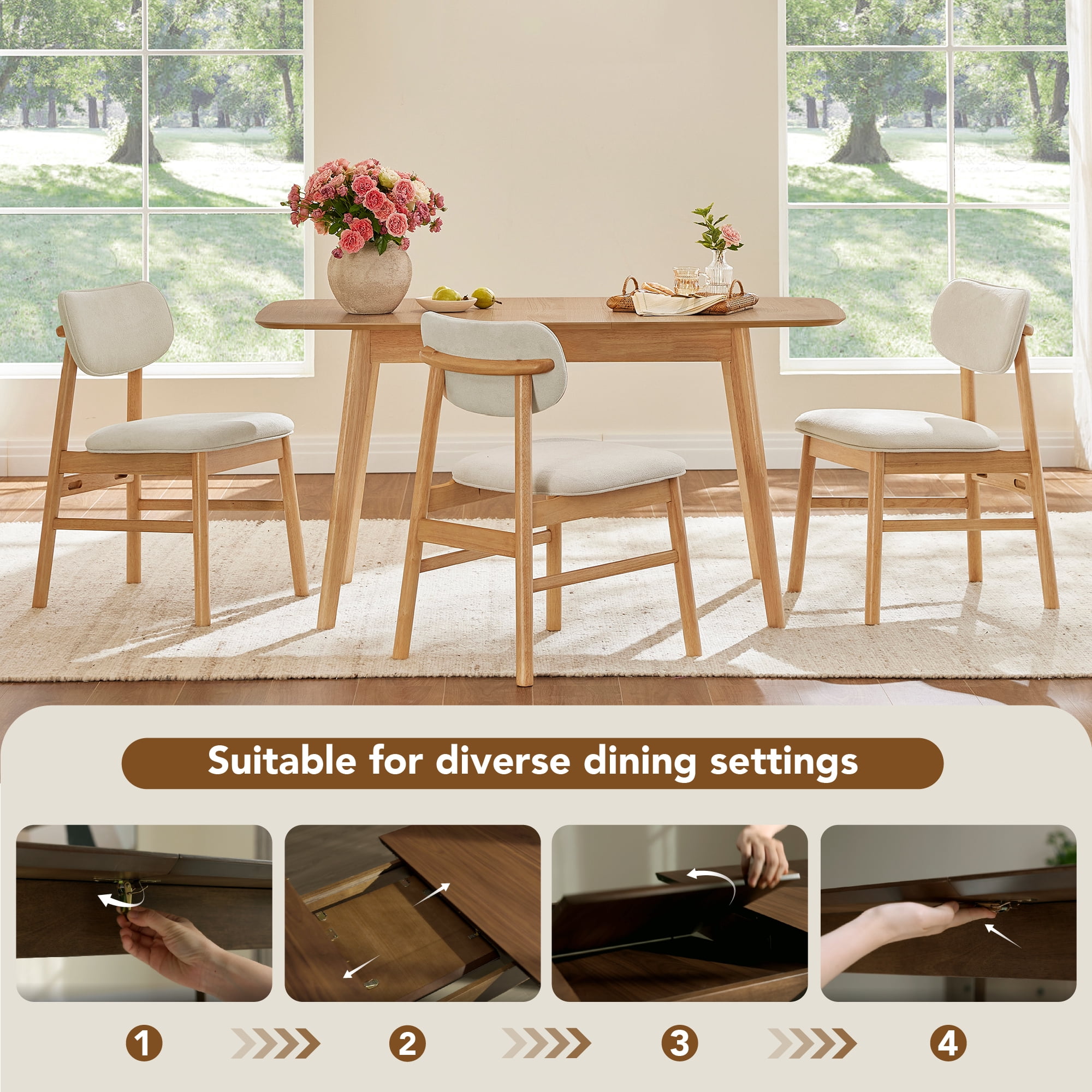 Spruce & Spring Modern Extendable Dining Table Set with Solid Rubberwood Tapered Legs, Scratch-Resistant Walnut/Oak Veneer Space-Saving Kitchen Table with Child-Safe Rounded Corners,Oak