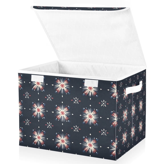 Yayeee Collapsible Cube Storage Bin with Lid Fabric Closet Decorative Basket with Handles, Red Fireworks Pattern