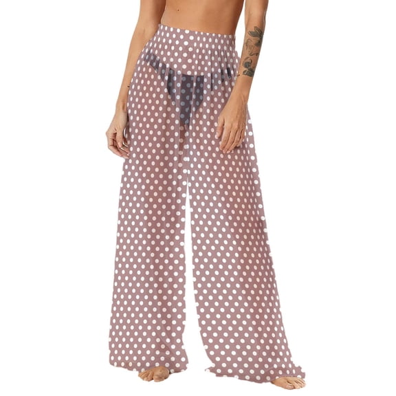 Tnhcen Women's Bohemian Beach Pants Swimwear Cover Up Lightweight Rayon Chiffon Polka Dot Print Loose Fit Plus Size Casual Trousers S-2XL