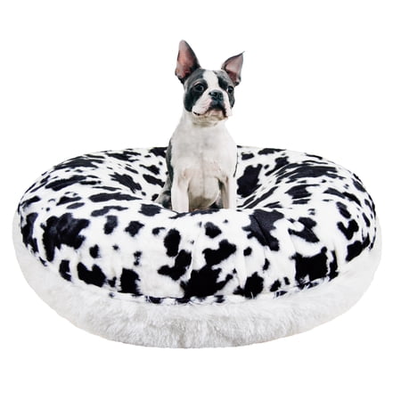 Bessie and Barnie Signature Spotted Pony / Snow White Luxury Shag Extra Plush Faux Fur Bagel Pet/ Dog Bed