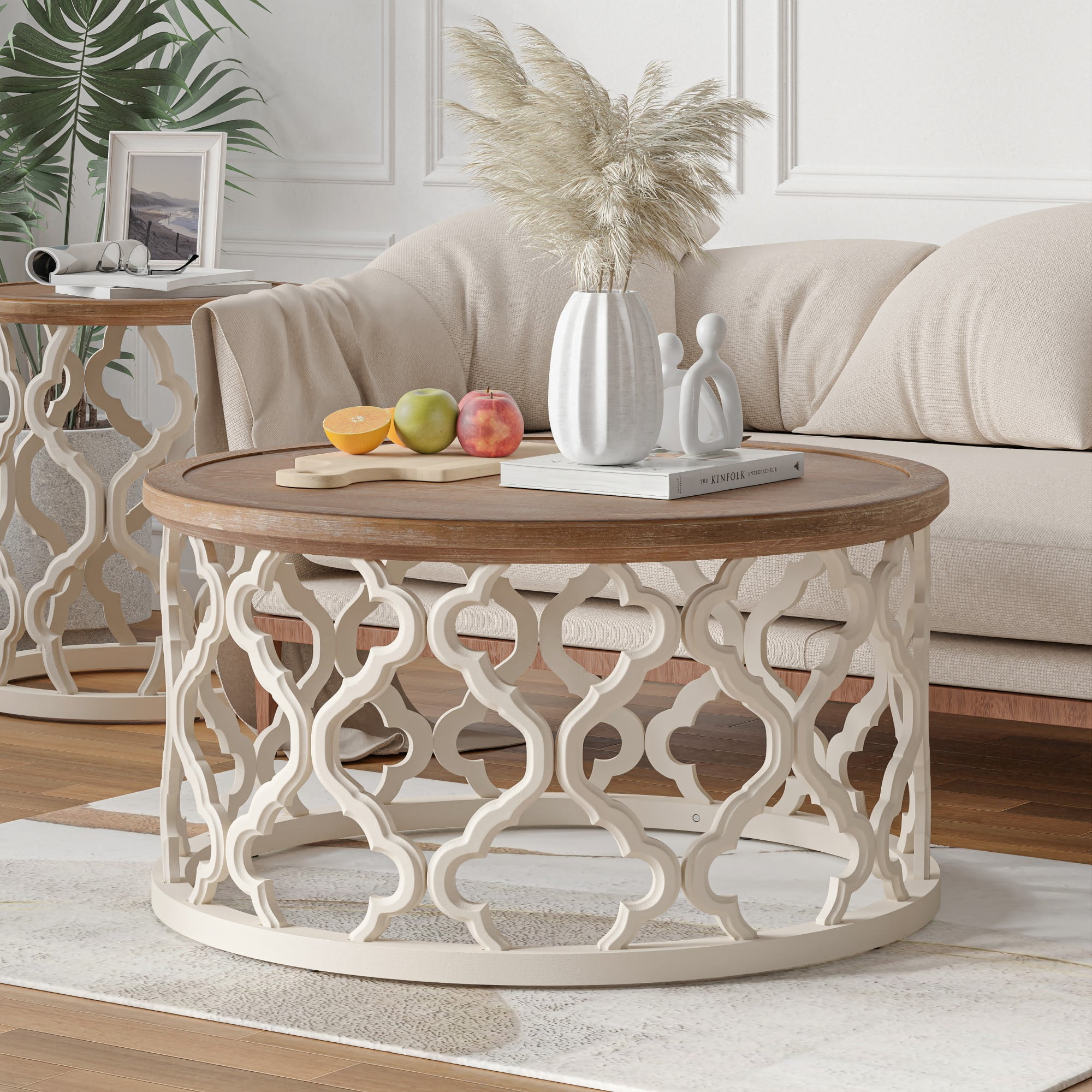 COZAYH Farmhouse Coffee Table, Distressed Tray Top Table with Curved Motif Frame Base for Boho, Rustic, French Country Decor, Round, White