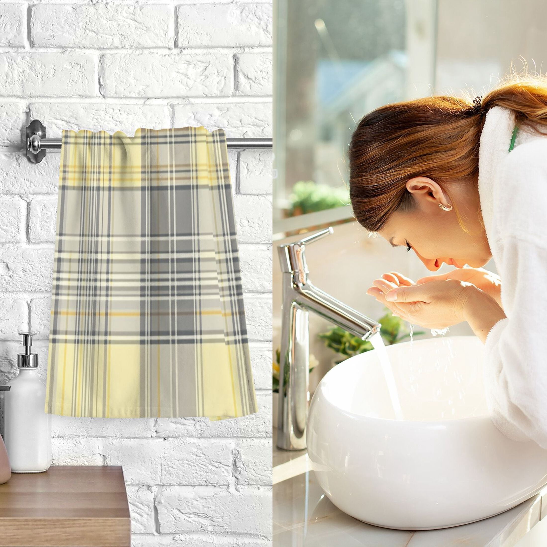 2 Pcs Absorbent Face Towel Bath Hand Towels Soft Breathable Cotton Towel Set for Bathroom Kitchen Hotel Spa Decor Light Yellow and Grey Tartan