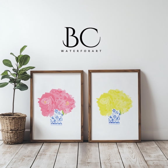Peonies in Chinoiserie Vases Art Prints Pink Yellow Floral Home Decor Peonies Lover Set 2 Unframed Paper Print 8x12