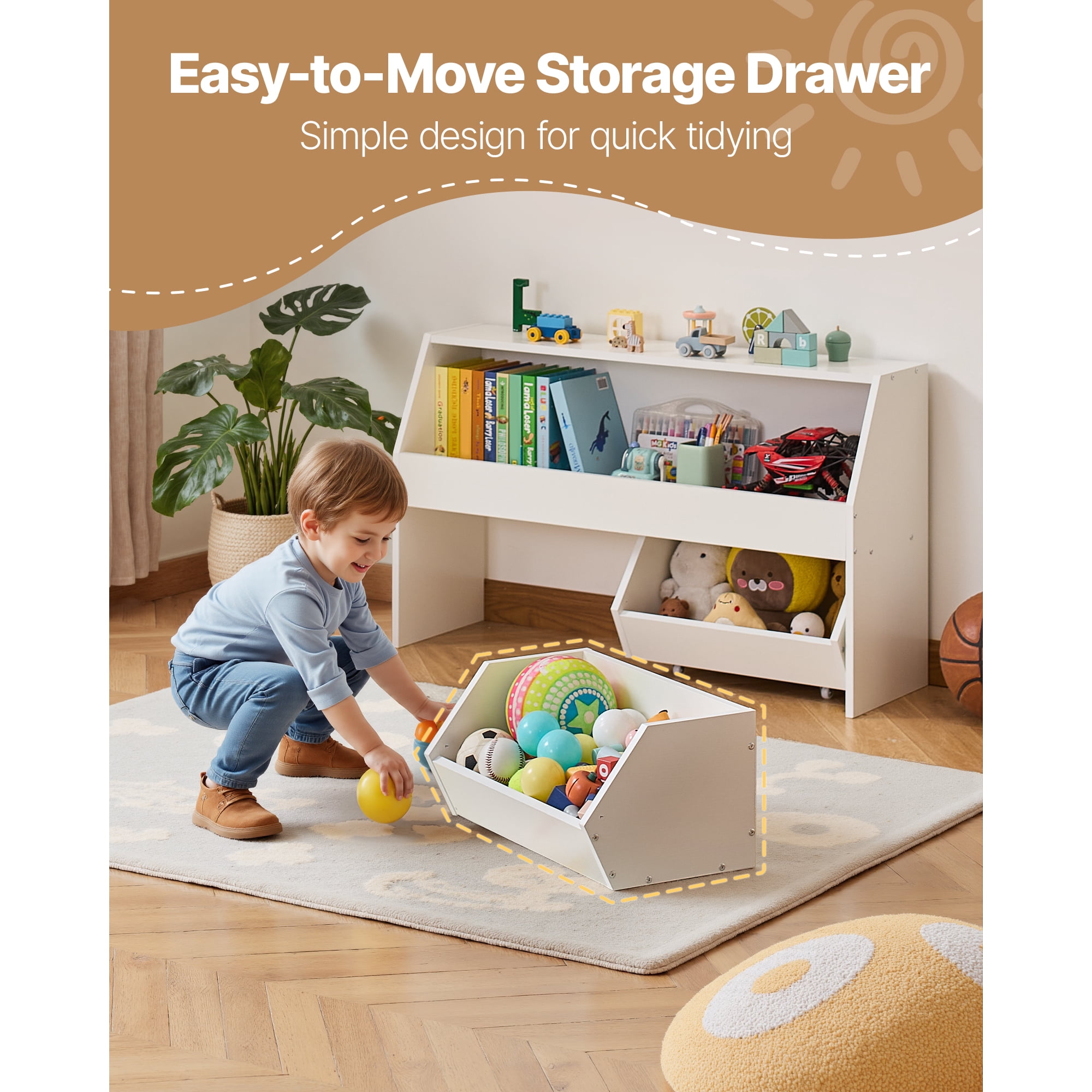 KFFKFF Wooden Kids Storage Organizer with Bookshelf, Toy Cabinet Featuring 2 Mobile Drawers, Ideal for Bedroom, Nursery, Living Room, Entryway, or Preschool, White