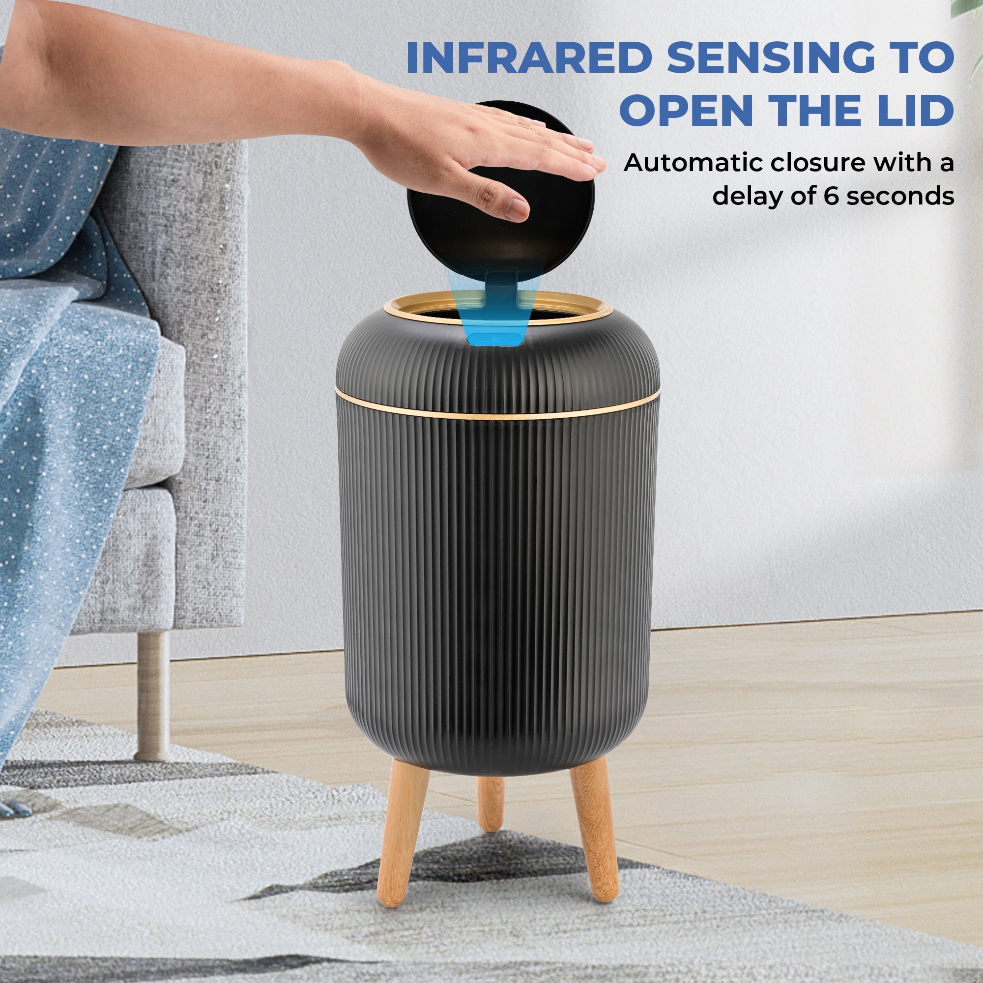 SUSLAS Trash Can with Motion Sensor, Touchless Automatic Lid and Waterproof Design, Smart Waste Bin for Bathroom Kitchen, 2.6 Gallon Plastic, Black