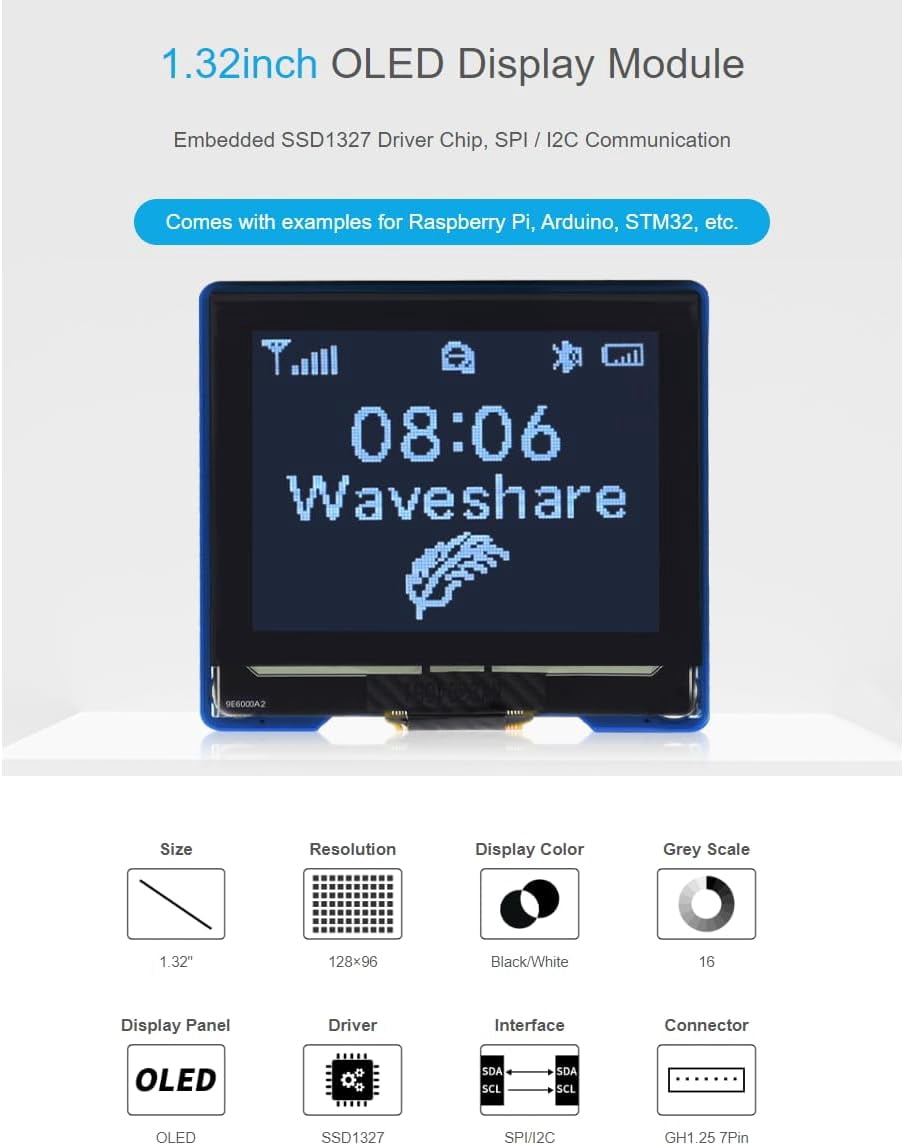 1.32inch OLED Display Module, 128x96 Pixels 16 Gray Scale OLED Display,Compatible with /Arduino/STM32,SPI/I2C Interface,SSD1327 Driver