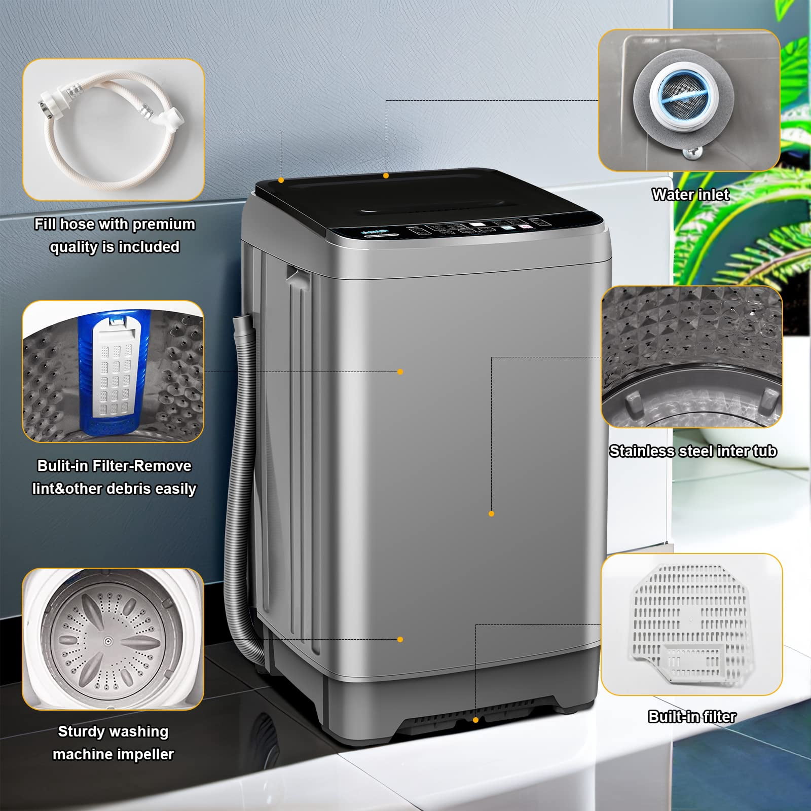 Portable Washing Machine 2.0 Cu.Ft. Full-Automatic Compact Washer Machine for Apartment, 10 Wash Program Small Portable Washer for Dorm, Apartment, RV, Home, Silver