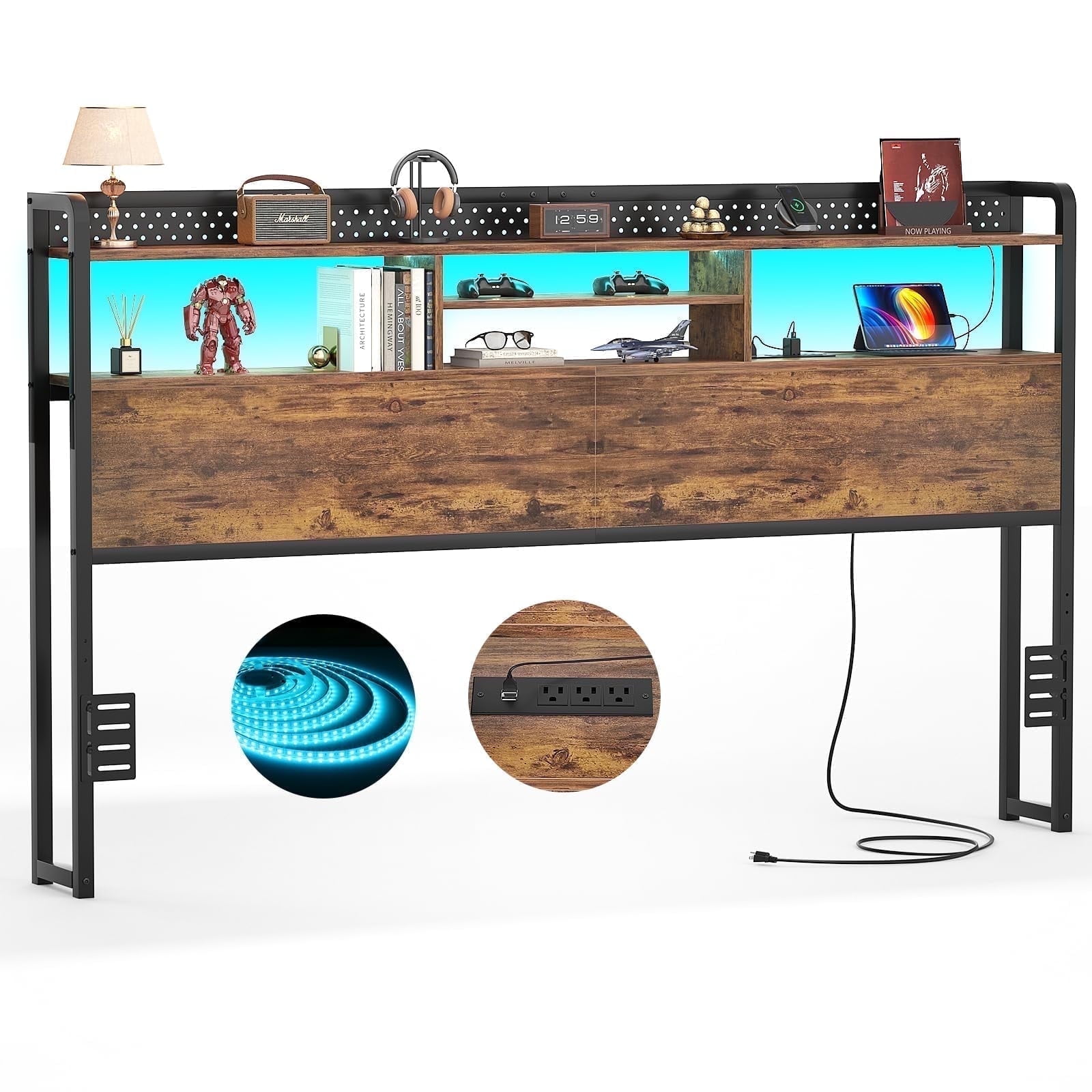 Homieasy Headboard for King Size Bed with Storage Shelf, Head board with 3 Outlets and 2 USB Ports, Headboards with RGB LED Light, Height Adjustable, Sturdy and Stable, Easy Assembly, Rustic Brown