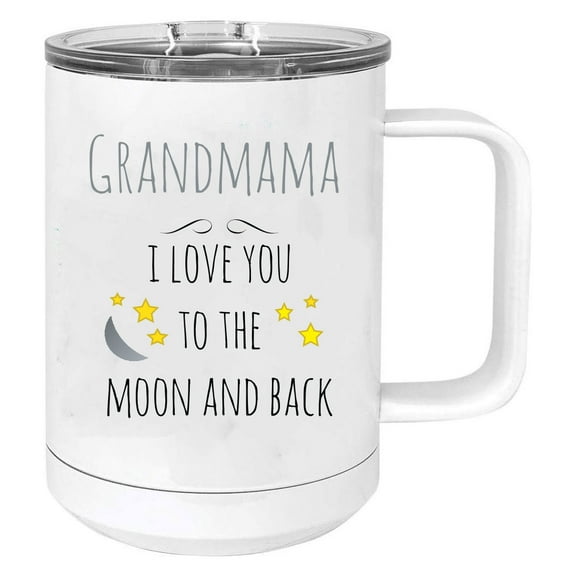 Grandamama - I Love you to the Moon and Back Stainless Steel Vacuum Insulated 15 Oz Travel Coffee Mug with Slider Lid, White