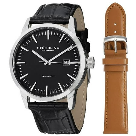 Movement Black Leather - Stuhrling Original Men's 555A.01 Analog Classic Ascot II Swiss Quartz Movement Leather Strap Black Watch with Interchangeable Tan Leather Strap