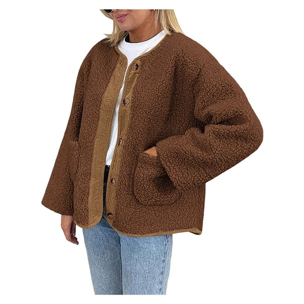 Abrigos de Invierno para Mujer, de Larga, con Botones, Chaquetas de Forro Suave, Ropa de Abrigo, Moda de Otoño Marrón S