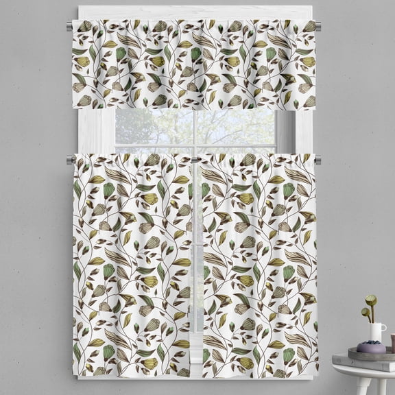 Ambesonne Floral Valance & Curtain, Autumn Nature Design, 55"x24", Dark Brown Fern Green