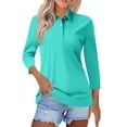 thumbnail image 2 of Women's Polo Shirts 3/4 Length Sleeve Tops Collared Button Down Golf Tee Casual Spring Summer Work T Shirts Turquoise 2XL, 2 of 5