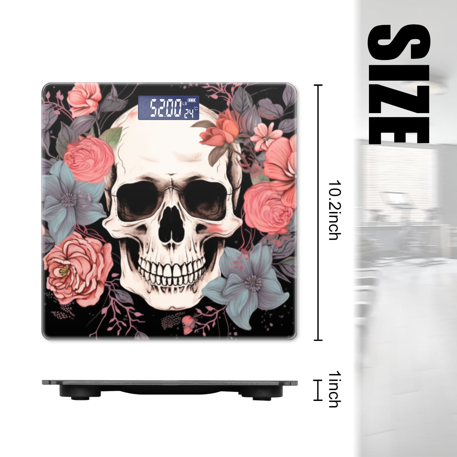 High Precision Body Weight Scale Smart Bathroom Scales with Large LCD Display(400lbs),Decorative for Bedroom-Elegant Skull With Delicate Pastel Flowers