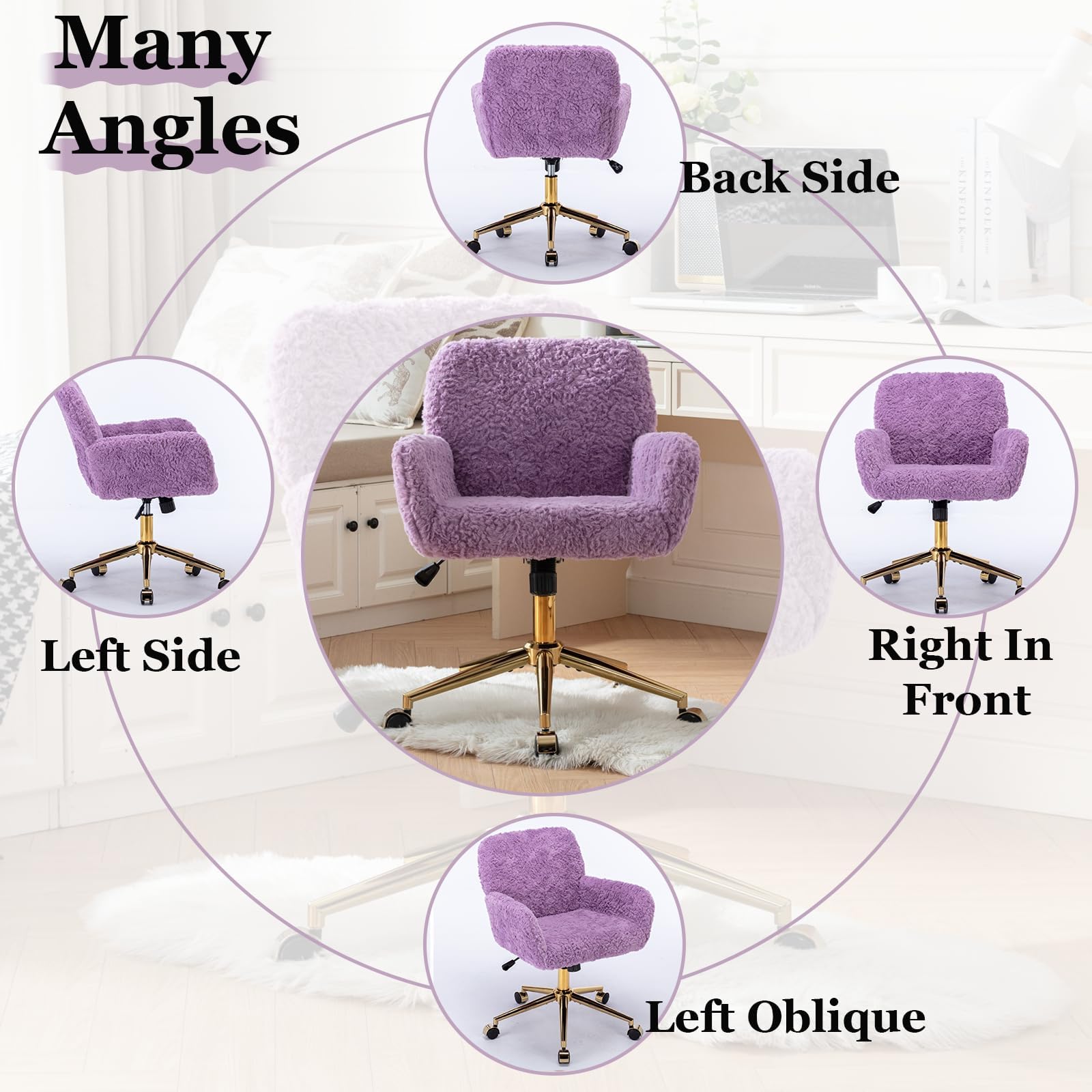 JESTOP Furry Cute Office Chair, Modern Swivel Desk Chair with Wheels, Adjustable Makeup Vanity Chairs with Back, Upholstered Rolling Chairs for Vanity Makeup Room Study Indoor