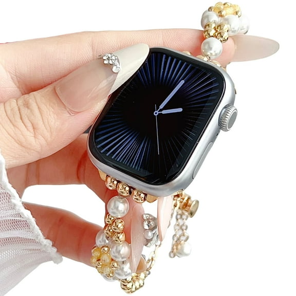 Pearl Flower Bands for Apple Watch 49mm 46mm 45mm 44mm 42mm 41mm 40mm 38mm, Crystal Jewels Metal Beaded Bracelet Strap with Adjustable Clasp Compatible with iWatch Series 10 9 8 7 6 5 4 3 2 SE Ultra