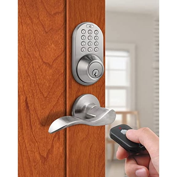 MiLocks XFL-02SN Digital Deadbolt Door Lock and Passage Lever Handle Combo with Keyless Entry via Remote Control and Keypad Code for Exterior Doors, Satin Nickel
