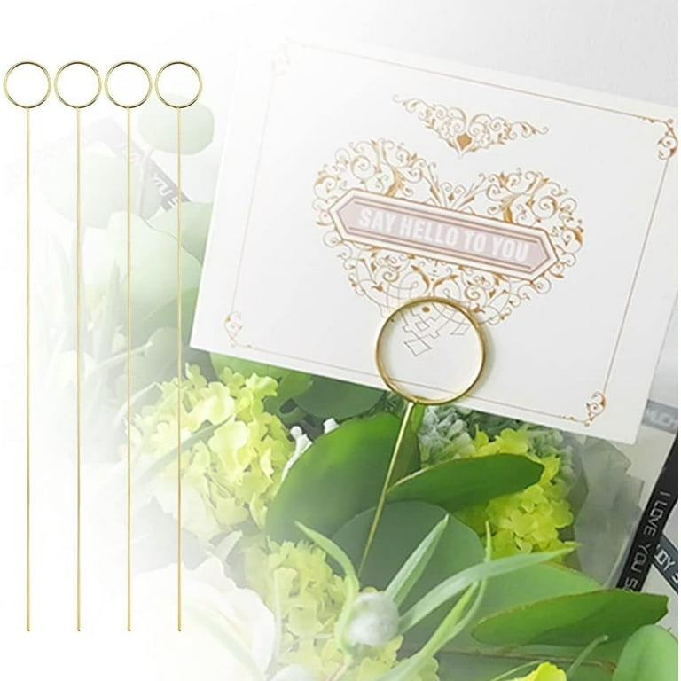 12 inch Floral Place Card Holder,40Pcs Gold Ring Shape Table Number Holders,Metal Wire Photo Holders for Centerpieces,Picture Menu Noto Clips Memo