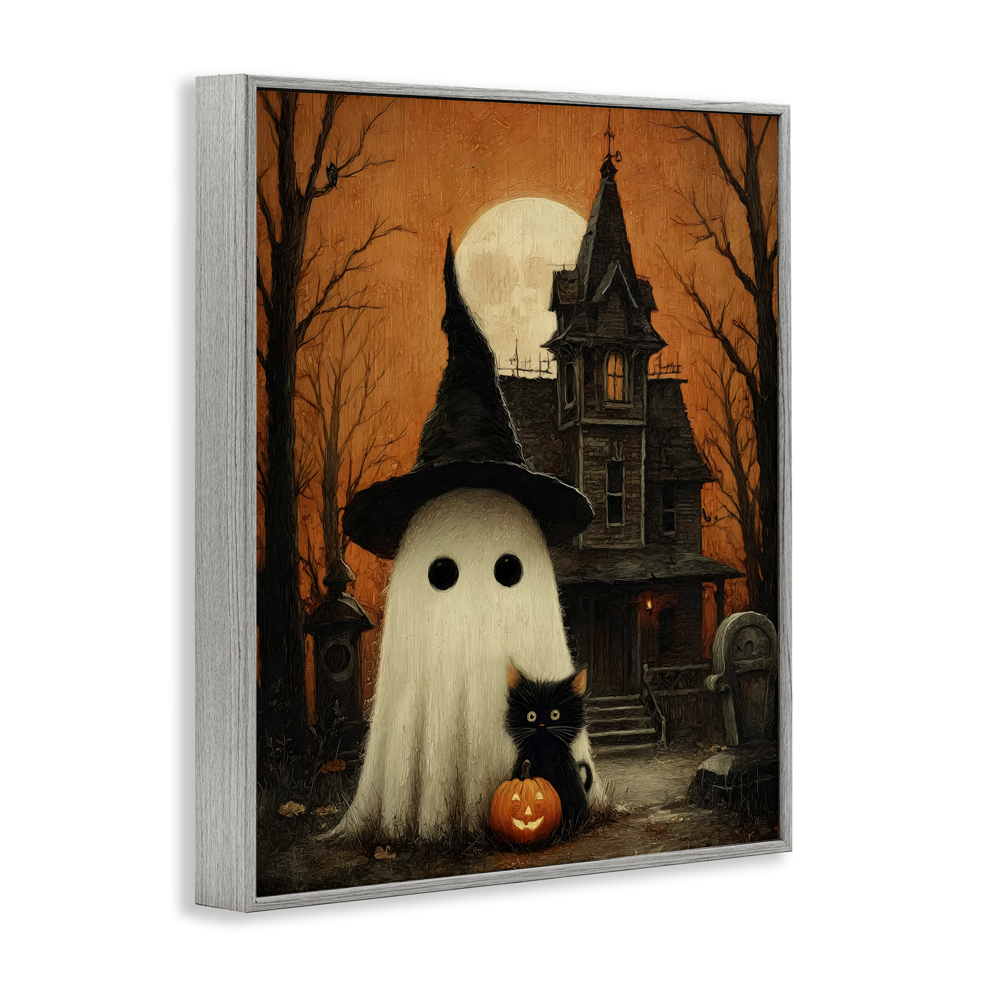 Cute Ghost & Haunted House Gray Framed Giclee Art, design by Arlington Prints