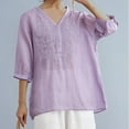 thumbnail image 2 of ZZwxWA Women's Cotton Linen Embroidery Tunic 3/4 Lantern Sleeve Blouses Casual Shirt Tops, 2 of 7