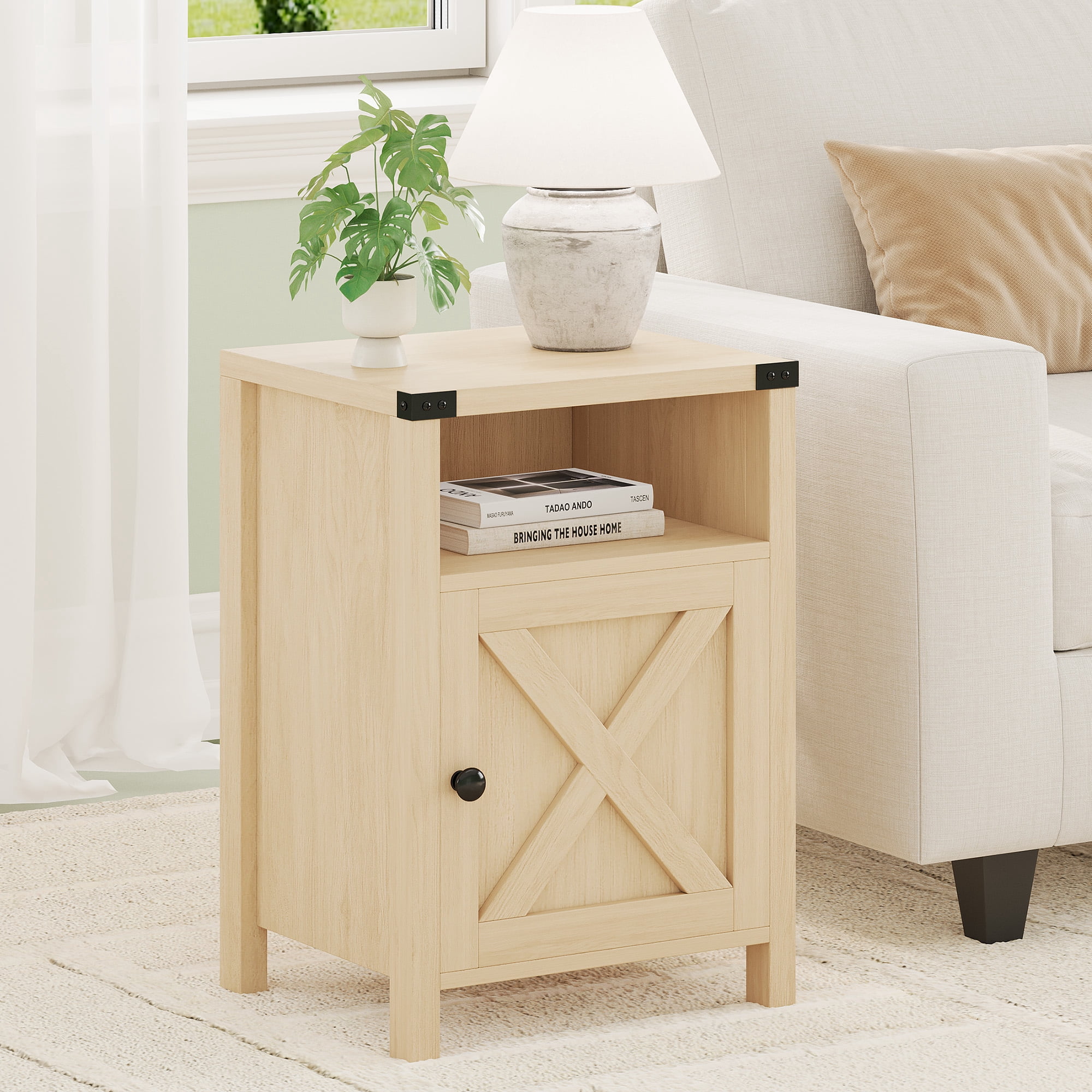 4 EVER WINNER Minimalist Barn Door Side Table, Light Oak Storage End Table, Compact Accent Table for Balcony & Kids’ Room