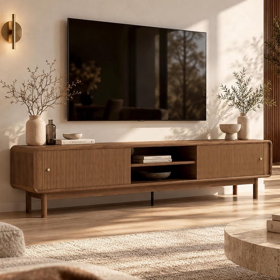 86.6"Mid-Century Modern TV Stand for TVs Up to 85",Storage Console,Walnut Solid Wood TV Stand Entertainment Center for Living Room