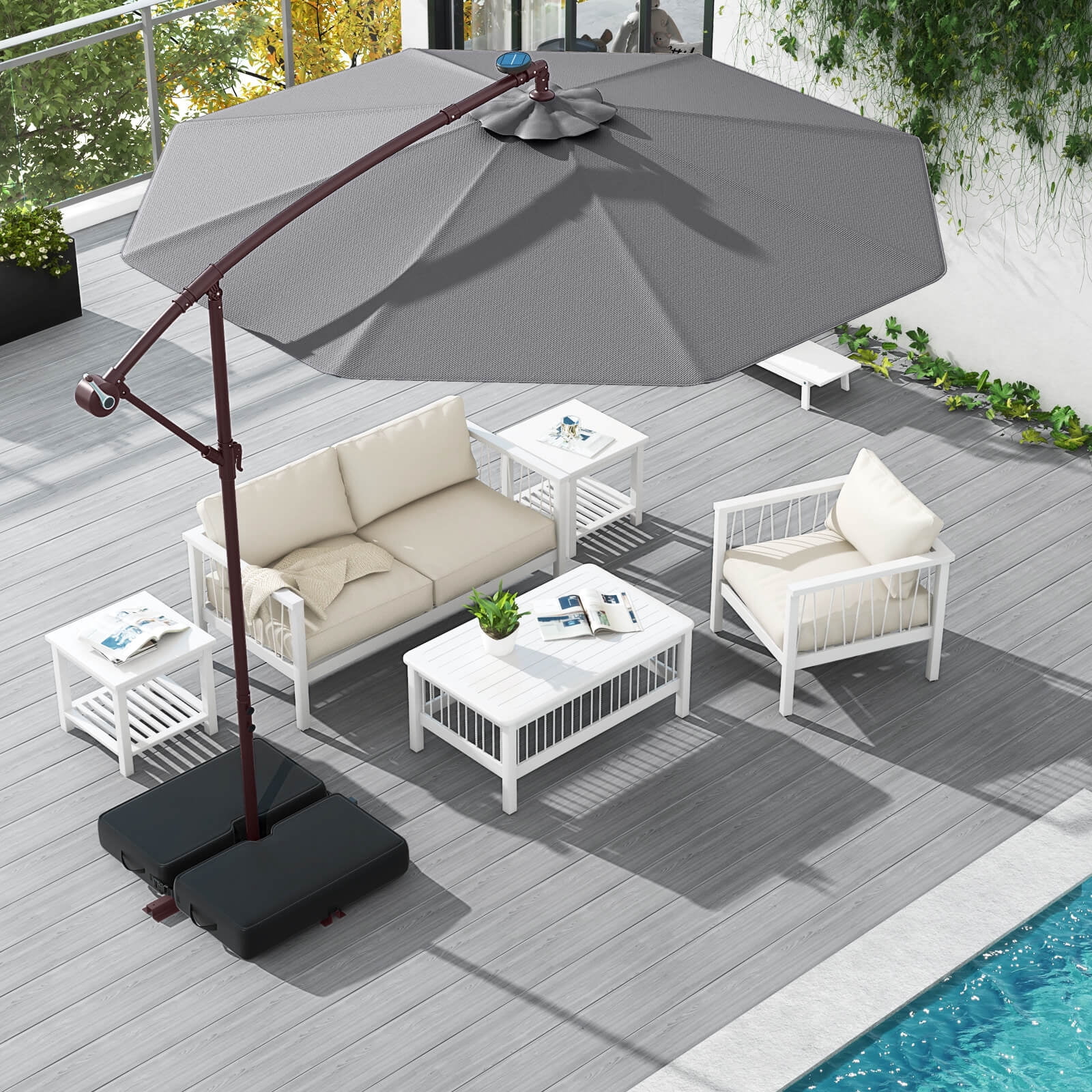Costway Patio 10FT Hanging Offset Umbrella 32 LED Lights Sand Bag Outdoor Cross Base Dark Gray