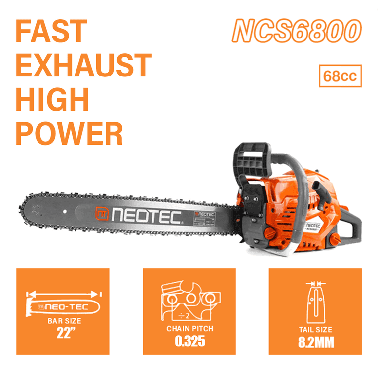 Neotec 68CC 2-Cycle Gas Powered Chainsaw, 22 inch Handheld Petrol
