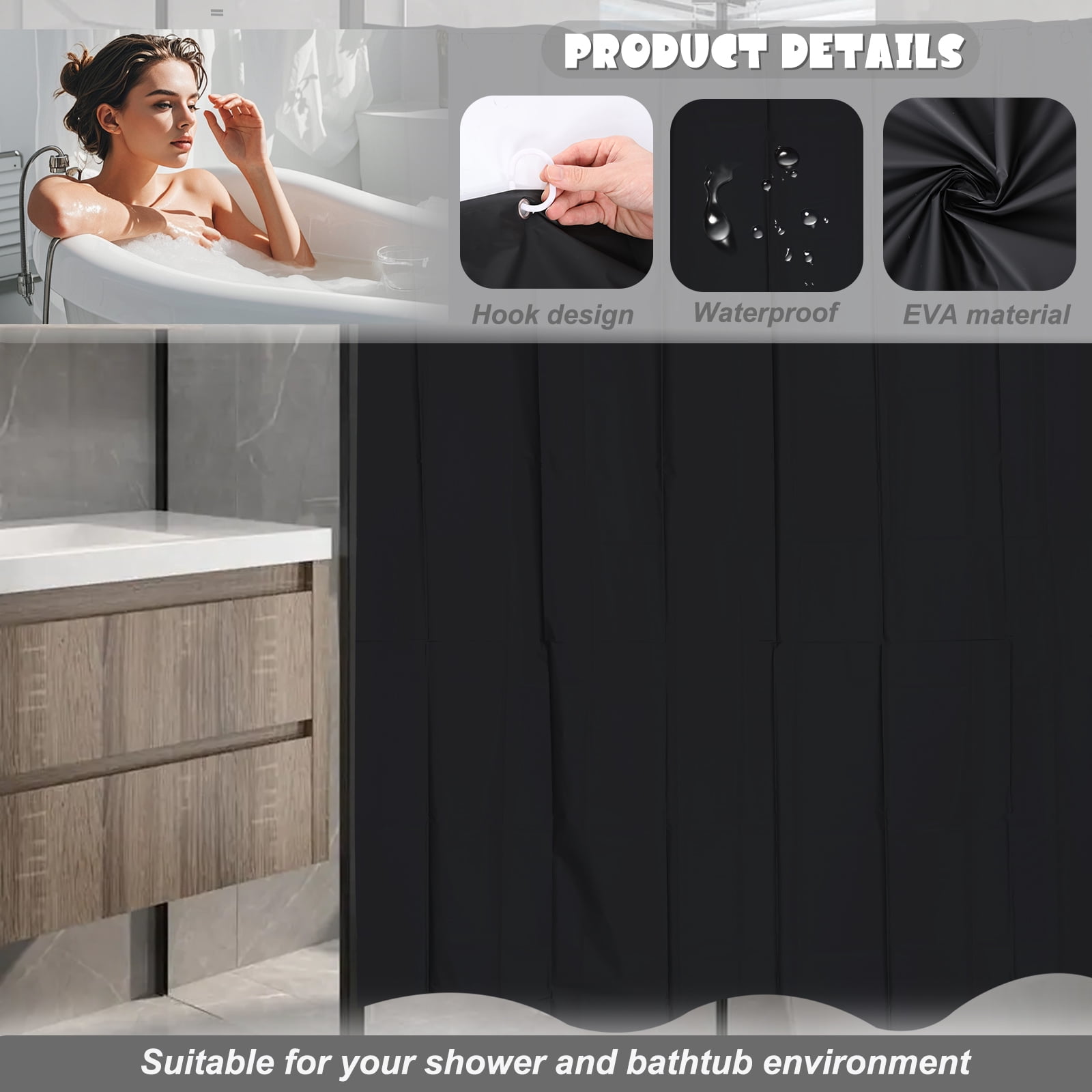 Dznils Black PEVA Shower Curtain Liner Bathroom with Hooks Mildew Resistant Waterproof, 72" W x 78" H, 2 Pack