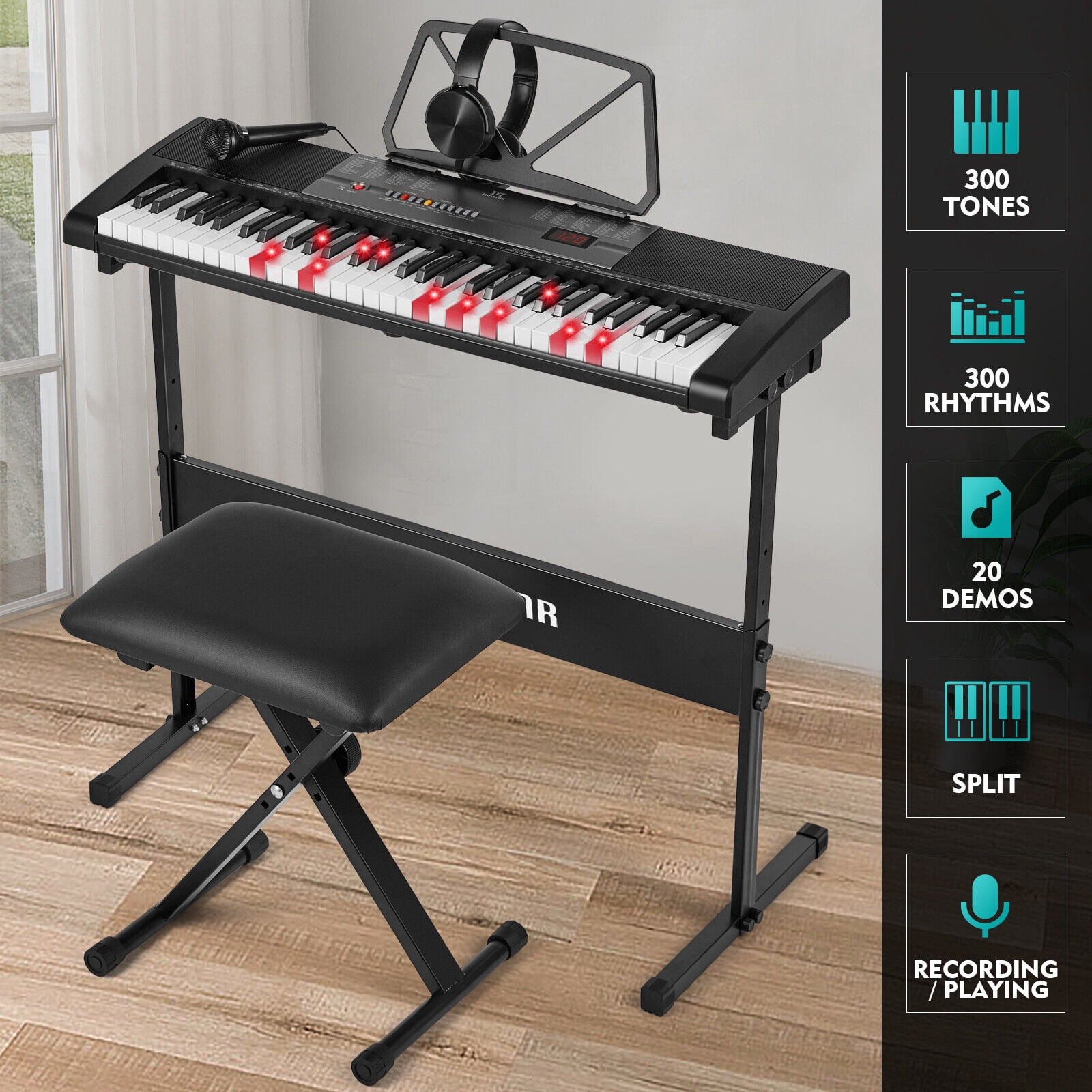 MUSTAR Portable 61 Keys Electric Lighted Up Piano Keyboard for Beginner with Bench,Stand,Headphone,Microphone,Note Sticker,Built-in Speaker(Black)