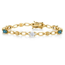 18K Yellow Gold Plated Silver White Moissanite and London Blue Topaz and Round White Lab Grown Diamond Tennis Bracelet for Women (3.34 Cttw, Gemstone Birthstone, Oval 6X4MM, 7.25 inches)
