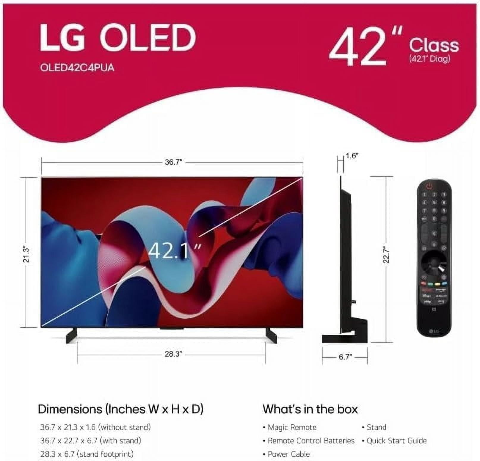 LG OLED42C4PUA OLED evo C4 42 Inch HDR 4K Smart OLED TV + UAX 4K HDMI 2.0 Cable + CPS 24 Months Protection Bundle
